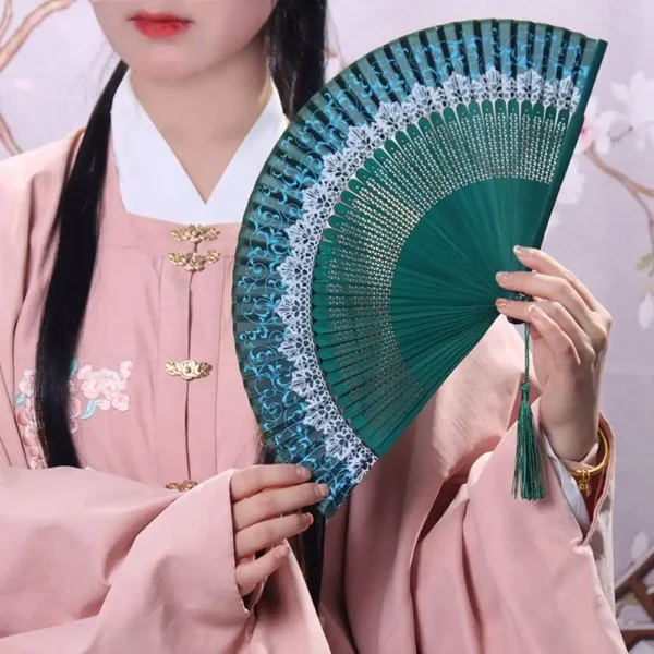 Japanese Color Changing Bamboo Silk Folding Fan with Tassel