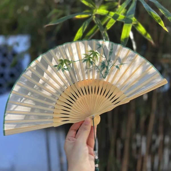 Japanese Bamboo Folding Fan Silk Embroidery Decorative Tassel