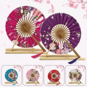Japanese Round Folding Fan Portable Bamboo Hand Fan