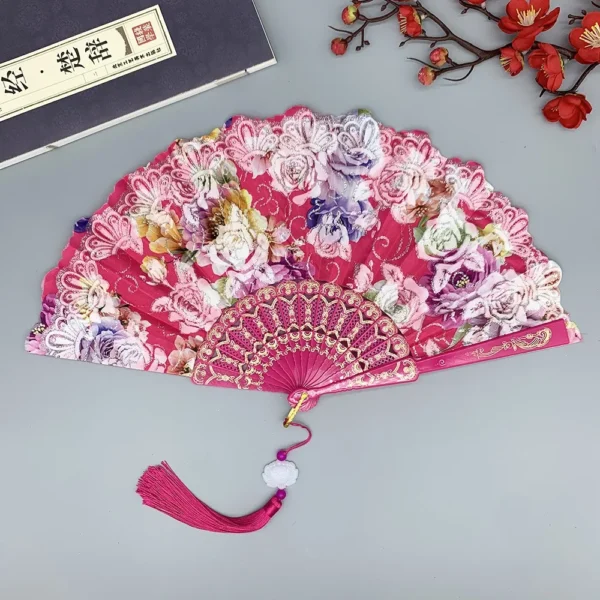 Japanese Silk Folding Fan Gold Rose Tassel Wedding