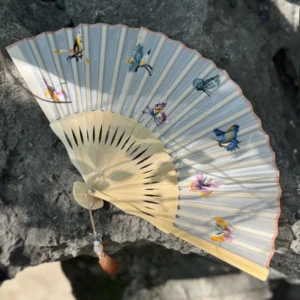 Japanese Bamboo Folding Fan Silk Embroidery Decorative Tassel