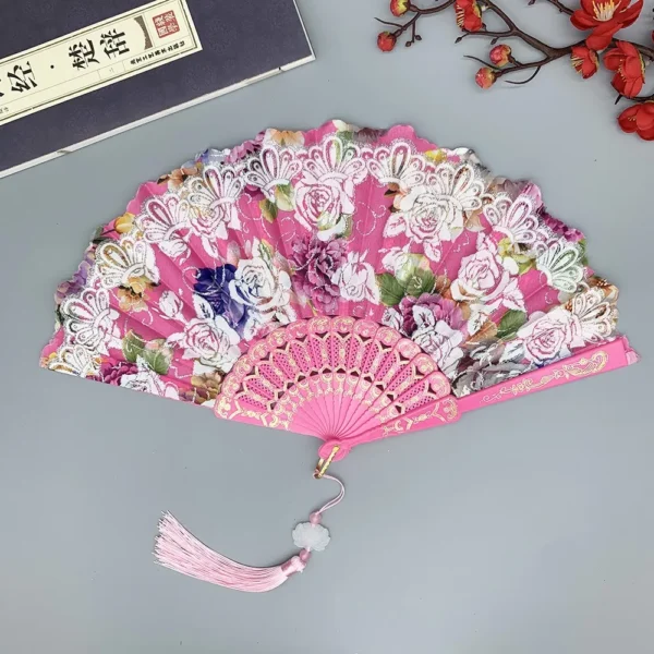 Japanese Silk Folding Fan Gold Rose Tassel Wedding