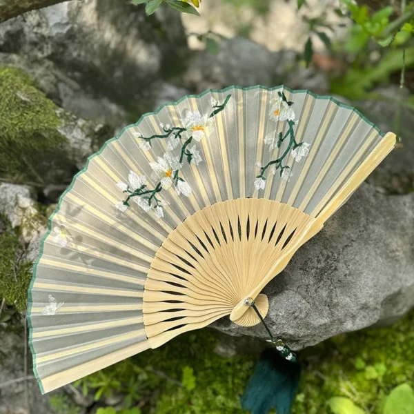 Japanese Bamboo Folding Fan Silk Embroidery Decorative Tassel