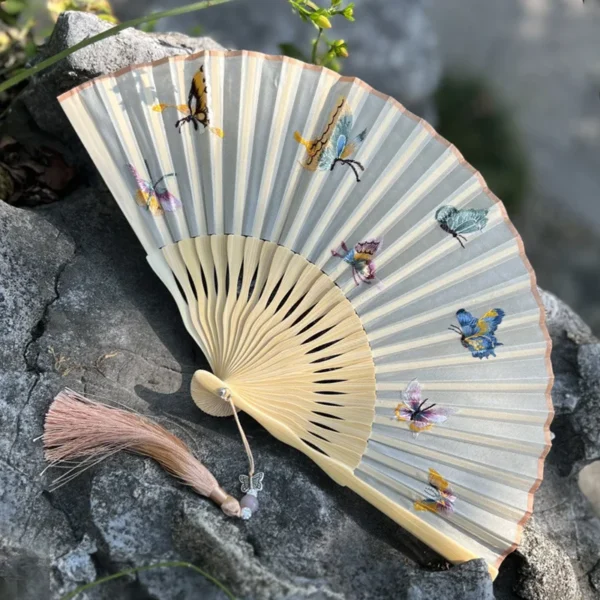 Japanese Bamboo Folding Fan Silk Embroidery Decorative Tassel