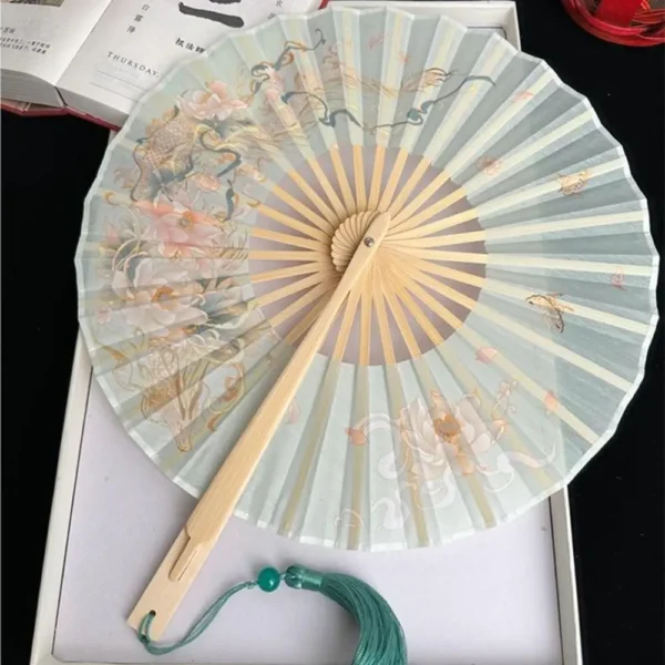 Japanese Round Bamboo Hand Fan Silk Tassel Collapsible