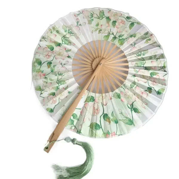 Japanese Round Bamboo Hand Fan Silk Tassel Collapsible